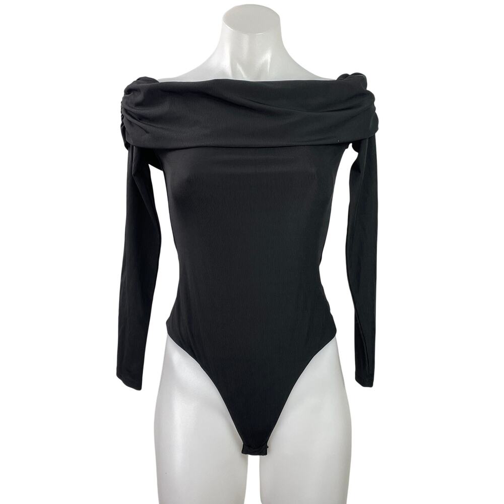 AFRM Women's Black Long Sleeves Off The Shoulders Bodysuit Tee T-shirt Top Sz SP